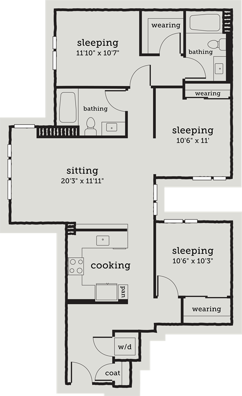 a floor plan of a small house with bedrooms and a living room